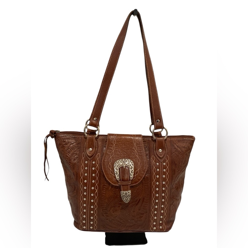 American West Hand Tooled Genuine Leather Shoulder Bag Tote - Like New